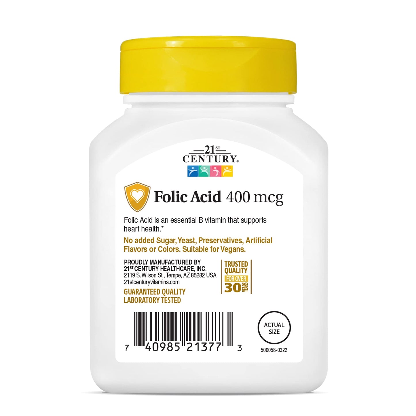 21st Century Folic Acid (Vitamin B9) 400mcg & 100mg Calcium | 250 Tablets Exp 04/2027