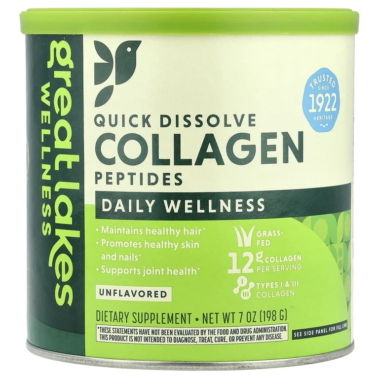 Great Lakes Wellness Collagen Peptides Powder | Supports Skin, Hair, Nails, Joints & Digestion | Bovine Collagen 12g | Hydrolyzed, Quick Dissolve| 7oz, 198g; Exp 07/2029