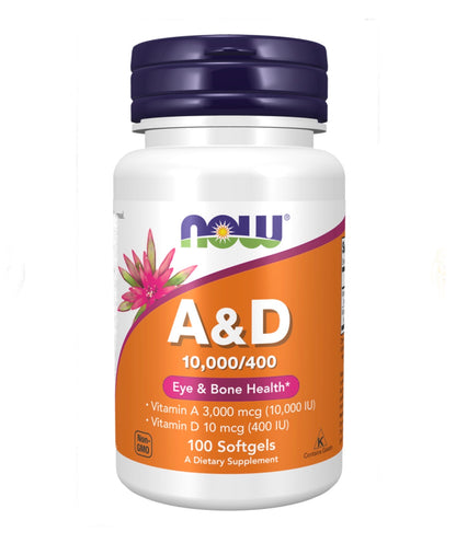 NOW Vitamin A & D 10,000/400IU | Supports Skin, Bone, Teeth & Immune Health | 100 Softgels; Exp 04/2029