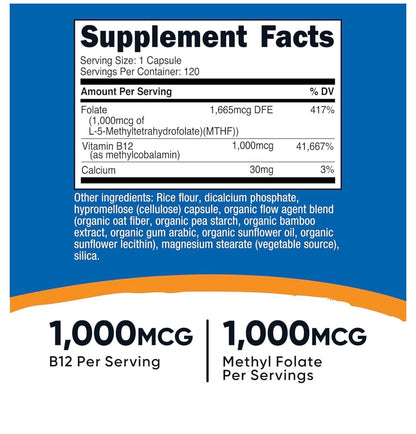 Nutricost Methylated Vitamin B12 + Folate | L-5-MethylFolate (Quatrefolic) 1000 mcg + Methylcobalamin 1,000 mcg | Gentle on Stomach | Supports Heart, Brain, Nerve, Digestive Health | Maintains  Healthy RBCs Production | 120 Capsules; Exp 11/2028