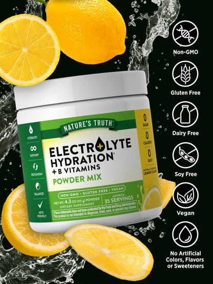 Nature's Truth Electrolytes Powder With B Vitamins | No Sugar | Supplement for Hydration | 35 Servings | Refreshing Lemon Flavor 4.3oz/121g Exp 08/2026