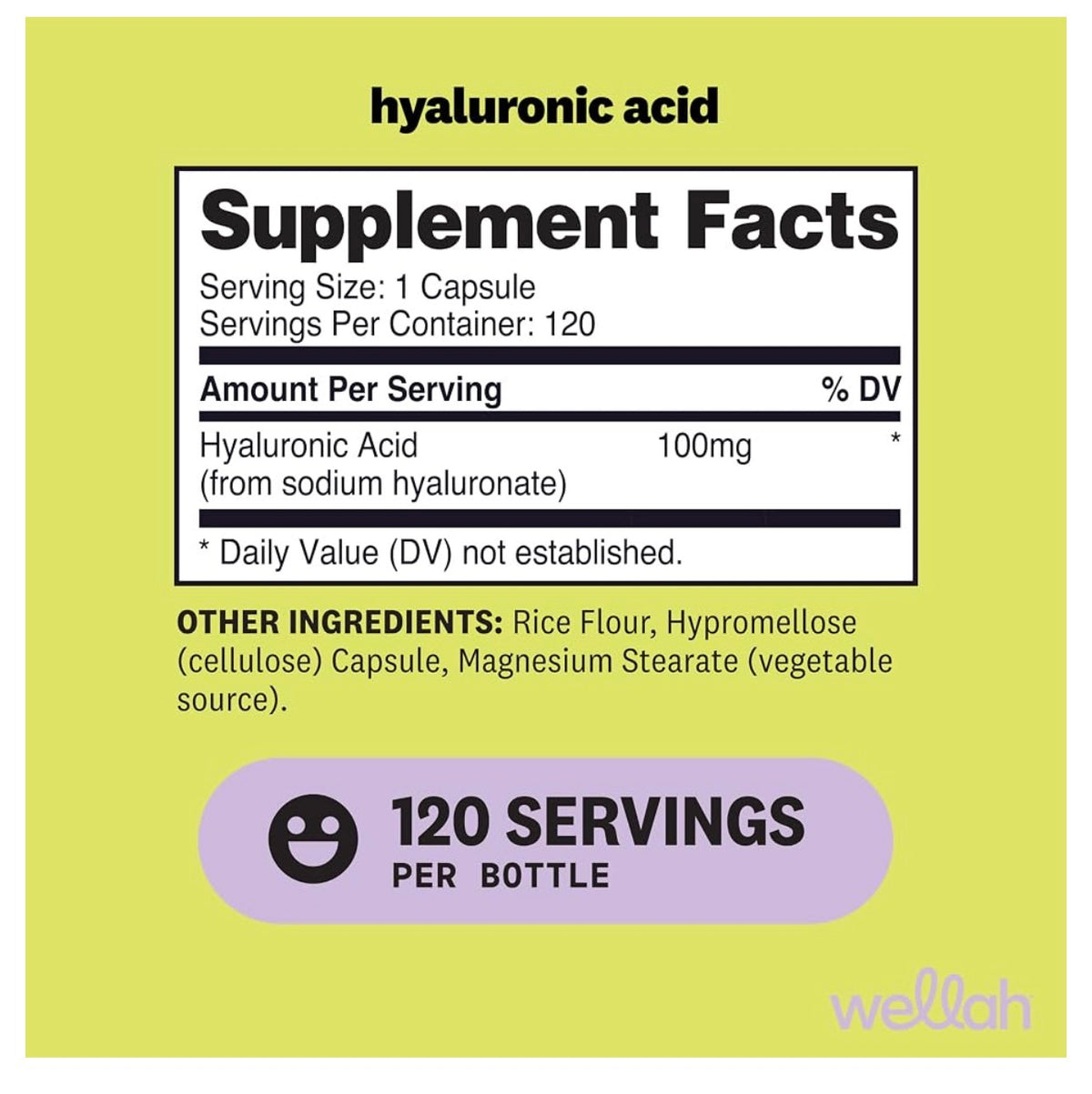 Wellah Hyaluronic Acid 100mg | Supports Healthy Connective Tissue & Joints | Promotes Youthful Healthy Skin | 60/120 Servings | 120 Capsules; Exp 12/2028