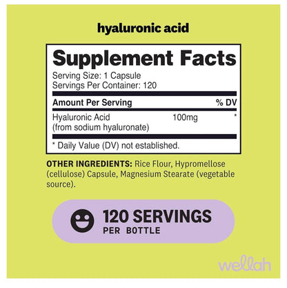 Wellah Hyaluronic Acid 100mg | Supports Healthy Connective Tissue & Joints | Promotes Youthful Healthy Skin | 60/120 Servings | 120 Capsules; Exp 12/2028