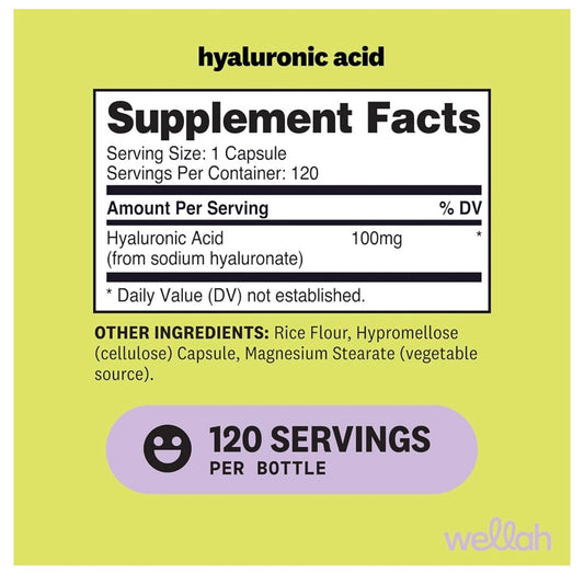 Wellah Hyaluronic Acid 100mg | Supports Healthy Connective Tissue & Joints | Promotes Youthful Healthy Skin | 60/120 Servings | 120 Capsules; Exp 12/2028