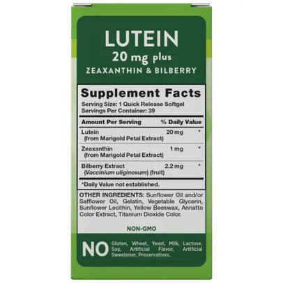 Nature's Truth Lutein 20mg + Zeaxanthin 1mg & Bilberry 2.2mg | Triple Support Eye Formula | 39 Softgels Exp 10/2026