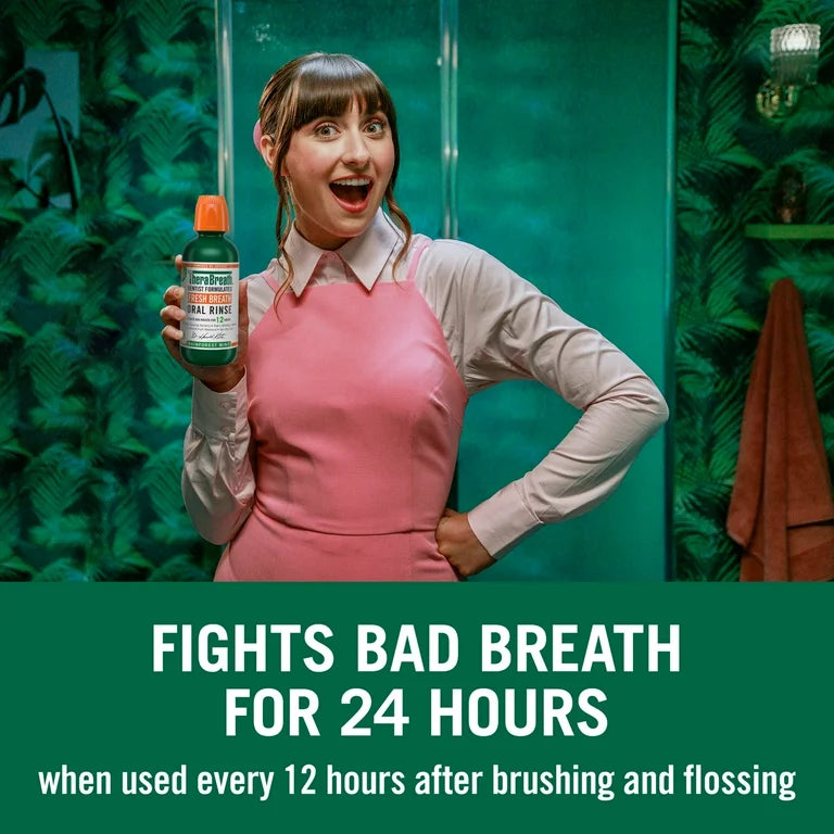 TheraBreath Fresh Breath Mouth Rinse | Alcohol-Free Mouthwash for Adults | Rainforest Mint 16oz/473ml; Exp 12/2027