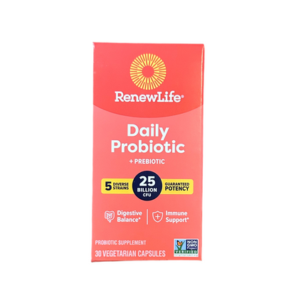 RenewLife Daily Probiotic 25 Billion CFU | with Prebiotic 5 Diverse Strains | Digestive Balance & Immune Support | 30 Capsules, Exp 07/2026