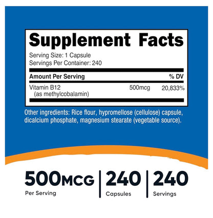 Nutricost Vitamin B12 (Methylcobalamin) 500mcg | Improves Mood | Supports Healthy Skin and Nails | 240 Capsules; Exp❗️FAINT 05/2029 👉🏽Check last picture
