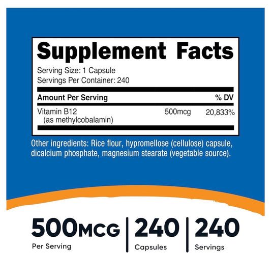 Nutricost Vitamin B12 (Methylcobalamin) 500mcg | Improves Mood | Supports Healthy Skin and Nails | 240 Capsules; Exp 05/2029