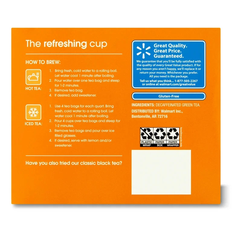 Great Value Decaffeinated Green Tea | 40 Bags; Exp 02/2028