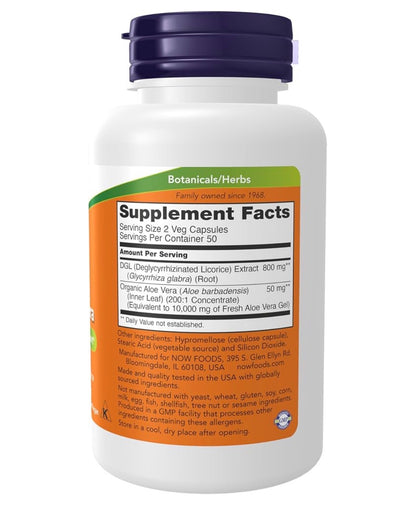 NOW DGL 400mg with Aloe Vera | Deglycyrrhizinated Licorice | Digestive System Support | 100 Capsules; Exp 05/2029