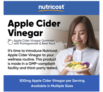 Nutricost Apple Cider Vinegar 500mg with Vitamin B12, Folate, Beet Root Powder & Pomegranate Juice Powder | 120 Servings | Improves Digestion, Gut Health and Controls Appetite | Apple Flavored ACV | 120 Gummies; Exp 11/2027