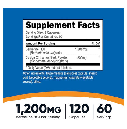 Nutricost Berberine HCl 1200mg with Ceylon Cinnamon | Improves Insulin Sensitivity to Maintain Balanced Blood Sugar Levels | Promotes Weight Management | 120 Capsules; Exp 10/2028