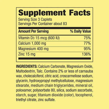 Spring Valley Calcium, Magnesium & Zinc Plus Vitamin D3 | Supports Bone & Muscle Health | 250 Caplets STAINED PACK; Exp 10/2026