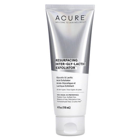 Acure Resurfacing Inter - gly - lactic Exfoliator | Gentle Facial Exfoliation with Glycolic & Lactic Acids - No Harsh Exfoliants | Minimizes Dullness & Boosts Skin's Natural Glow | 4oz/118ml - Ome's Beauty Mart