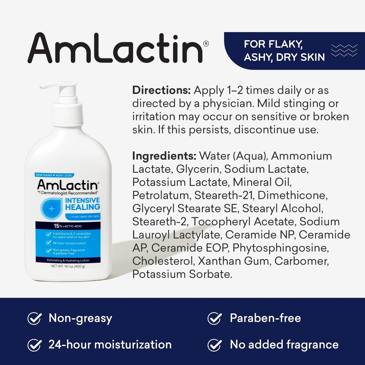 AmLactin Intensive Healing Body Lotion for Dry Skin | 2 - in - 1 Exfoliator & Moisturizer with Ceramides & 15% Lactic Acid for Relief from Dry Skin | | Formerly Amlactin Rapid Relief Lotion 14.1oz/400g - Ome's Beauty Mart