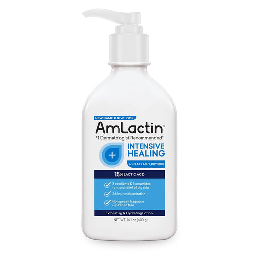 AmLactin Intensive Healing Body Lotion for Dry Skin | 2 - in - 1 Exfoliator & Moisturizer with Ceramides & 15% Lactic Acid for Relief from Dry Skin | | Formerly Amlactin Rapid Relief Lotion 14.1oz/400g - Ome's Beauty Mart