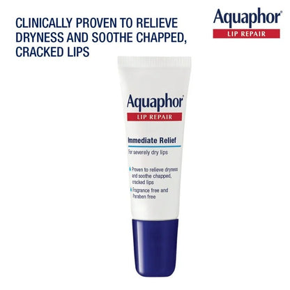 Aquaphor Lip Repair Ointment, Long - lasting Moisture to Soothe Dry Chapped Lips, .35 fl. oz. Tube - Ome's Beauty Mart