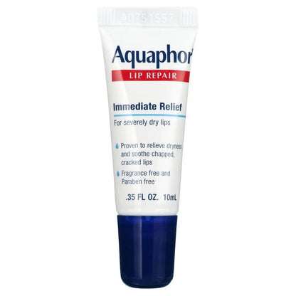 Aquaphor Lip Repair Ointment, Long - lasting Moisture to Soothe Dry Chapped Lips, .35 fl. oz. Tube - Ome's Beauty Mart