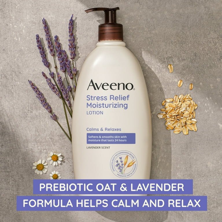 Aveeno Stress Relief Moisturizing Body and Hand Lotion with Prebiotic Oat, Lavender Scent, 18oz/532ml - Ome's Beauty Mart