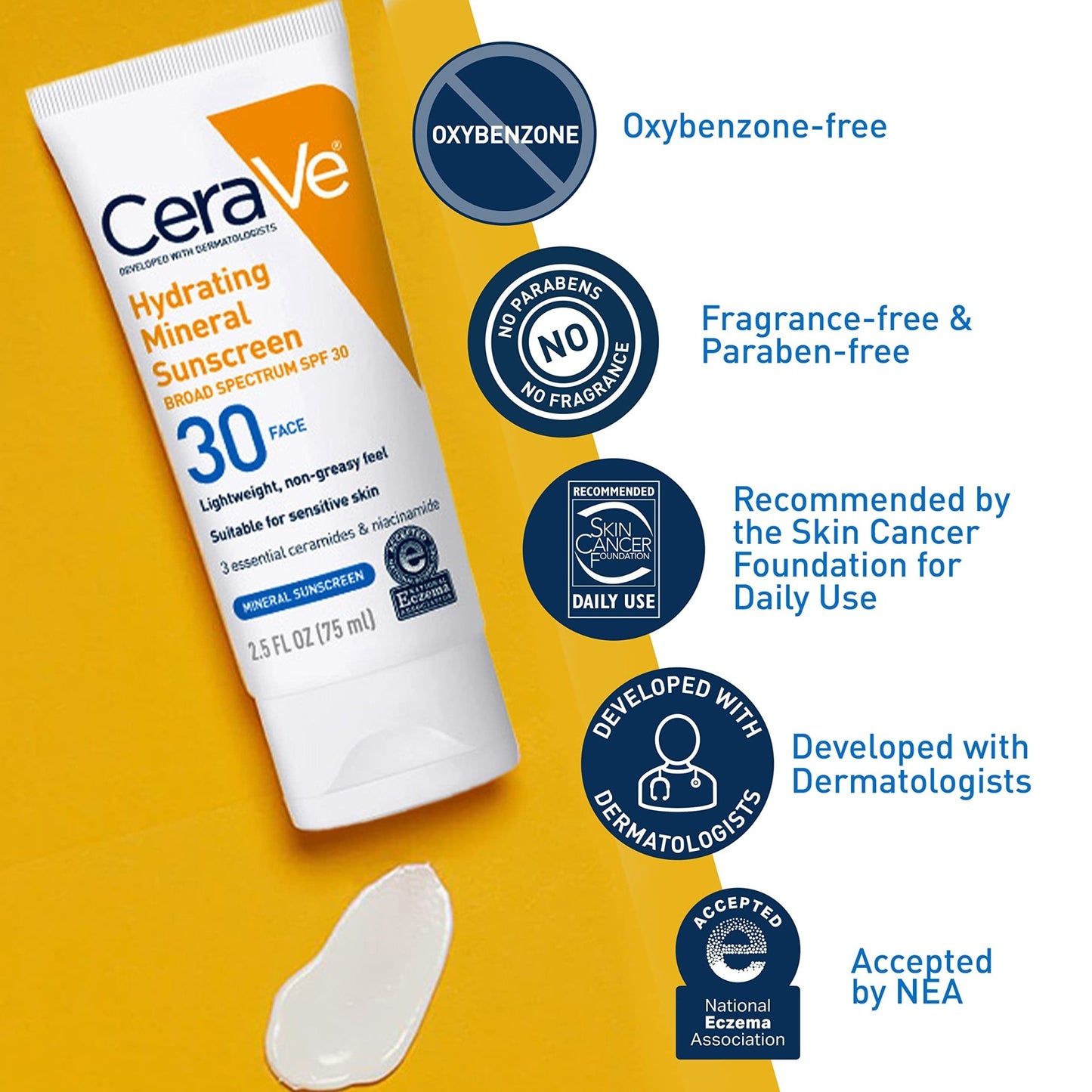 CeraVe 100% Mineral Sunscreen SPF 30 Face sunscreen With Zinc Oxide & Titanium Dioxide | Hyaluronic Acid + Niacinamide + Ceramides | Oil Free Sunscreen For Face | Travel Size Sunscreen 2.5oz/75ml Exp 09/2025 - Ome's Beauty Mart