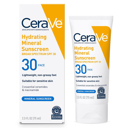 CeraVe 100% Mineral Sunscreen SPF 30 Face sunscreen With Zinc Oxide & Titanium Dioxide | Hyaluronic Acid + Niacinamide + Ceramides | Oil Free Sunscreen For Face | Travel Size Sunscreen 2.5oz/75ml Exp 09/2025 - Ome's Beauty Mart