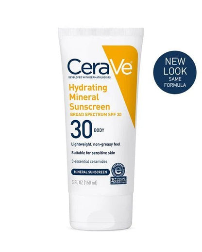 CeraVe 100% Mineral Sunscreen SPF 30 for Body | Body Sunscreen with Zinc Oxide & Titanium Dioxide | Hyaluronic Acid & Ceramides | Oil Free | Non - Greasy | Hydrating Mineral Sunscreen For Body | 5oz/150ml - Ome's Beauty Mart