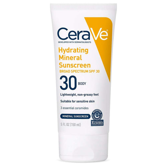 CeraVe 100% Mineral Sunscreen SPF 30 for Body | Body Sunscreen with Zinc Oxide & Titanium Dioxide | Hyaluronic Acid & Ceramides | Oil Free | Non - Greasy | Hydrating Mineral Sunscreen For Body | 5oz/150ml - Ome's Beauty Mart