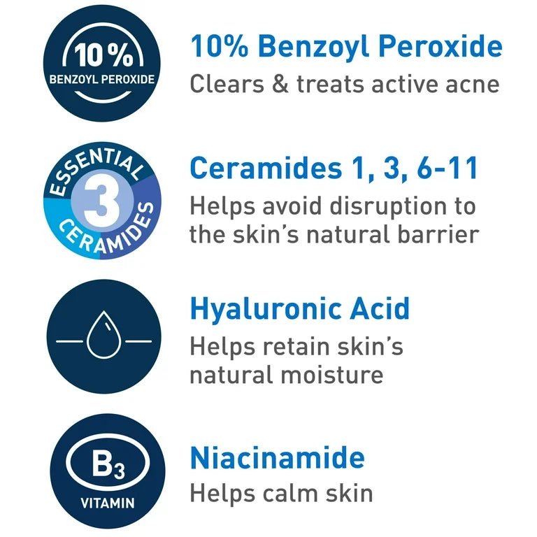 CeraVe Acne Foaming Cream Wash with 10% Benzoyl Peroxide | for Face & Body | 5oz/150ml Exp 03/2025 - Ome's Beauty Mart