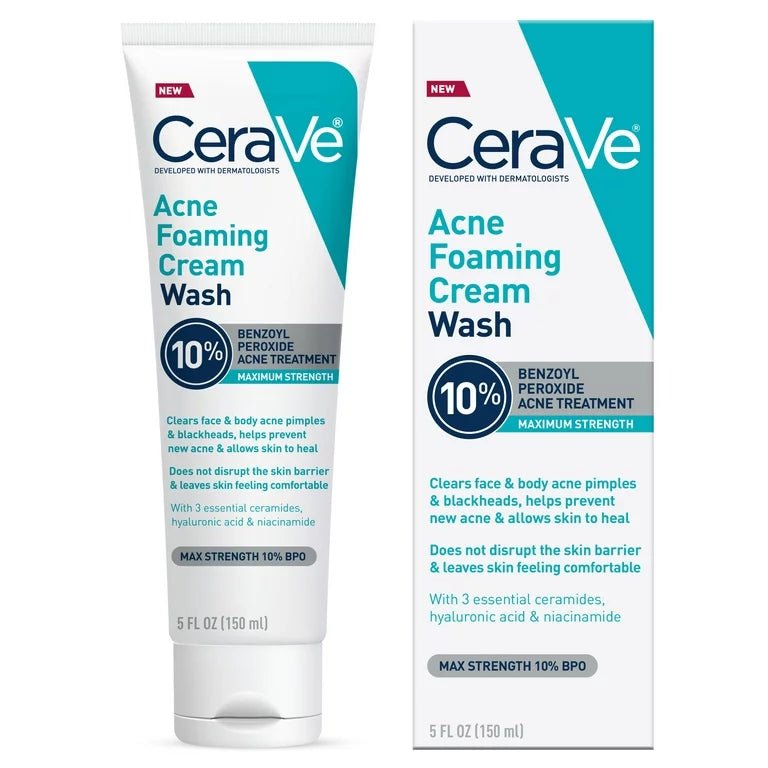 CeraVe Acne Foaming Cream Wash with 10% Benzoyl Peroxide | for Face & Body | 5oz/150ml Exp 03/2025 - Ome's Beauty Mart