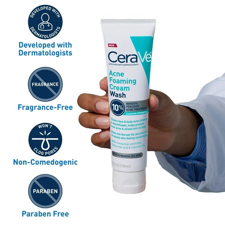 CeraVe Acne Foaming Cream Wash with 10% Benzoyl Peroxide | for Face & Body | 5oz/150ml Exp 03/2025 - Ome's Beauty Mart