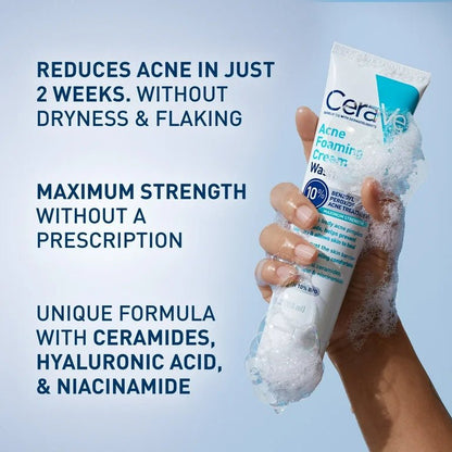 CeraVe Acne Foaming Cream Wash with 10% Benzoyl Peroxide | for Face & Body | 5oz/150ml Exp 03/2025 - Ome's Beauty Mart