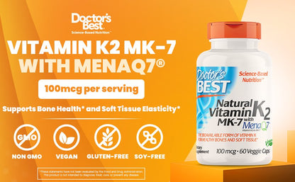 Doctor's Best Natural Vitamin K2 Mk-7 with MenaQ7 100mcg | Supports Bone Health & Soft Tissue Elasticity | 60 Veggie Capsules Exp Feb/2026 - Ome's Beauty Mart