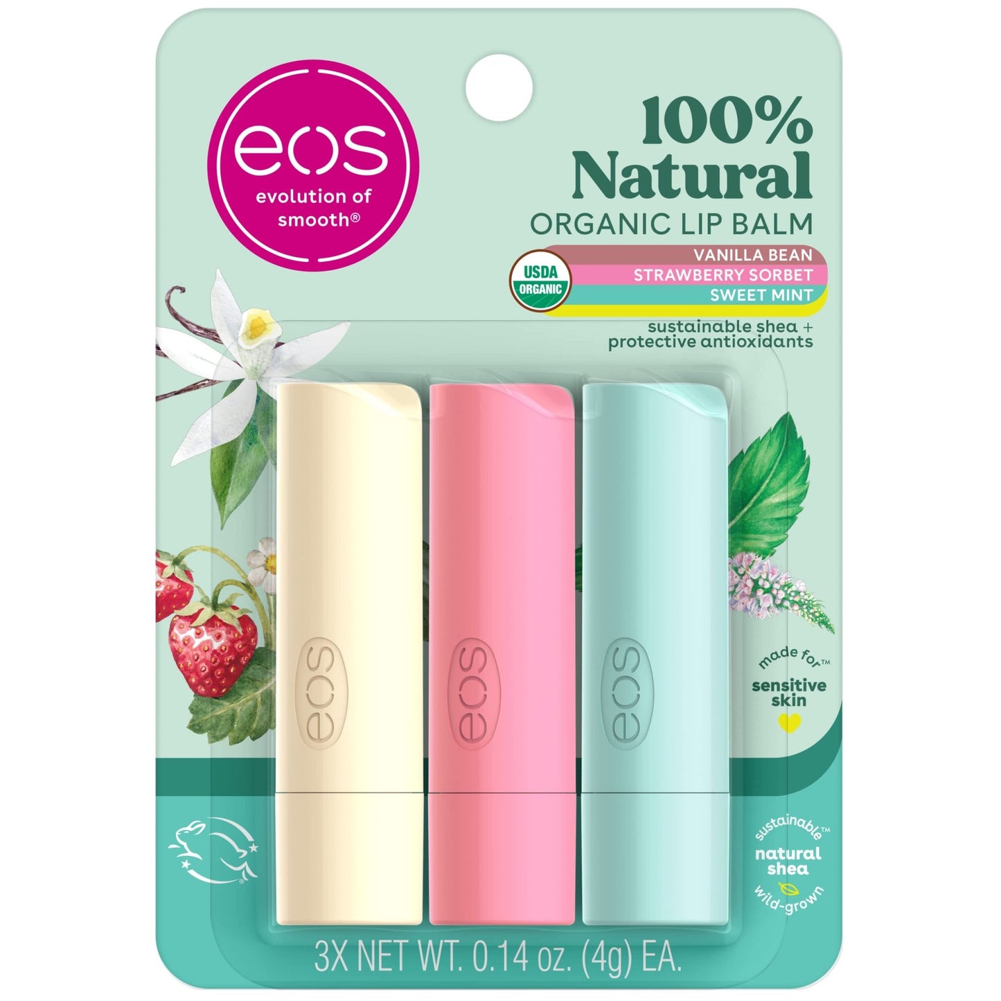 eos 100% Natural & Organic Lip Balm Trio | Vanilla Bean, Sweet Mint, & Strawberry Sorbet | 3 x 0.14oz, 3 - Pack - Ome's Beauty Mart