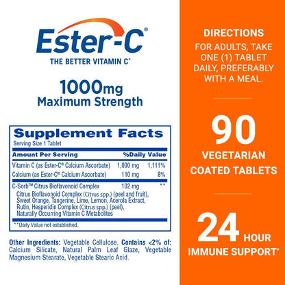 Ester - C Vitamin C 1,000 mg | 24 Hour Immune Support | Stomach - friendly | 90 Coated Tablets Exp 08/2027 - Ome's Beauty Mart