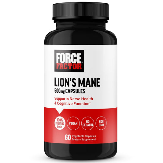 Force Factor Lion’s Mane 500mg Capsules | Improves Memory & Focus | Supports Nerve Health & Cognitive Function | 100% Fruiting Body | 60 Capsules Exp 03/2027 - Ome's Beauty Mart