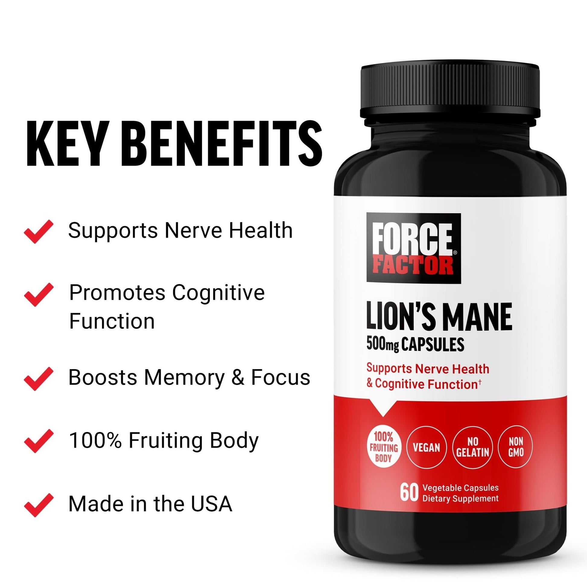 Force Factor Lion’s Mane 500mg Capsules | Improves Memory & Focus | Supports Nerve Health & Cognitive Function | 100% Fruiting Body | 60 Capsules Exp 03/2027 - Ome's Beauty Mart