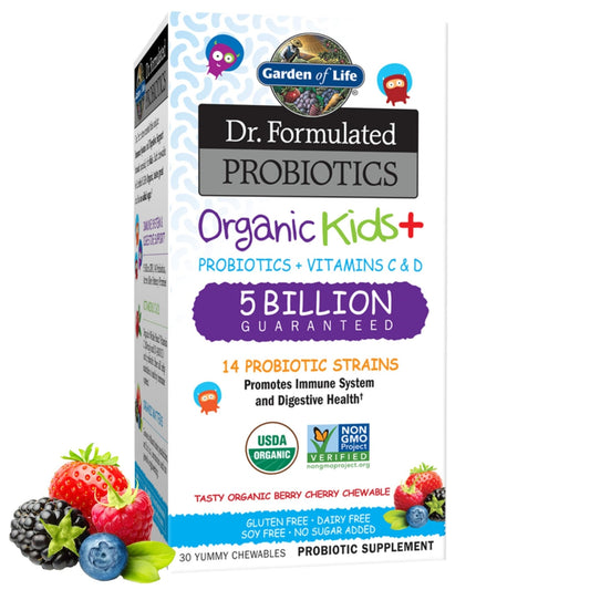 Garden of Life Dr. Formulated Probiotics for Kids, Organic Kids+ | 5 Billion CFU Chewable Probiotic Plus Vitamin C and D | Berry Cherry flavor , 30 Yummy Chewables Exp 12/2025 - Ome's Beauty Mart