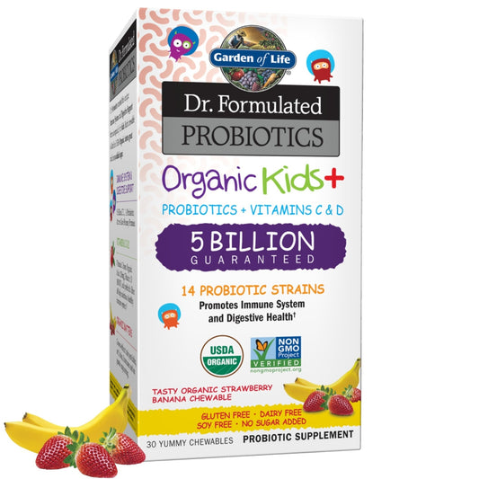 Garden of Life Dr. Formulated Probiotics for Kids, Organic Kids+ | 5 Billion CFU Chewable Probiotic Plus Vitamin C and D | Strawberry Banana flavor , 30 Yummy Chewables Exp 12/2025 - Ome's Beauty Mart