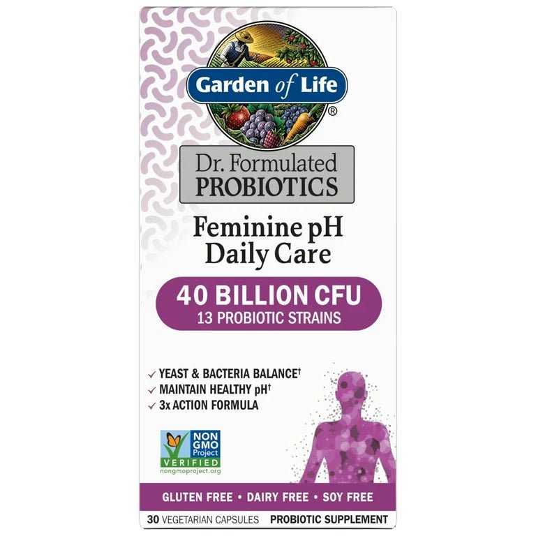Garden of Life Feminine pH Daily Care Probiotics 40 Billion CFU - 13 Probiotic Strains | Prebiotics + Probiotics + Postbiotics | Yeast & Bacteria Balance, Healthy pH| 30 capsules Exp 4/2026 - Ome's Beauty Mart