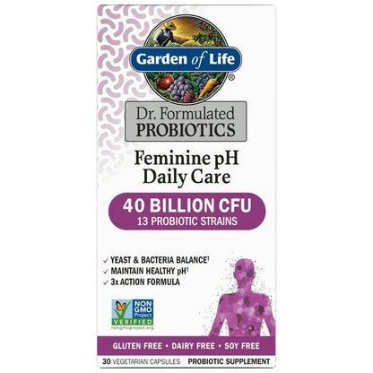 Garden of Life Feminine pH Daily Care Probiotics 40 Billion CFU - 13 Probiotic Strains | Prebiotics + Probiotics + Postbiotics | Yeast & Bacteria Balance, Healthy pH| 30 capsules Exp 4/2026 - Ome's Beauty Mart