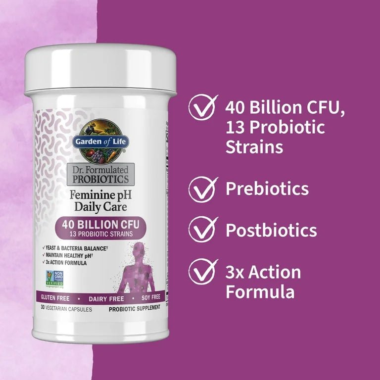 Garden of Life Feminine pH Daily Care Probiotics 40 Billion CFU - 13 Probiotic Strains | Prebiotics + Probiotics + Postbiotics | Yeast & Bacteria Balance, Healthy pH| 30 capsules Exp 4/2026 - Ome's Beauty Mart