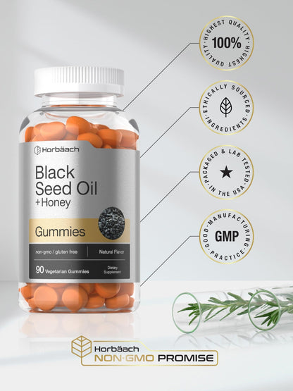 Horbäach Black Seed Oil Complex Gummies | with Honey, Turmeric, Apple Cider Vinegar, Pomegranate, Beetroot | Source of Omega 6 & 9 | Nigella Sativa | 90 Gummies Exp 09/2025 - Ome's Beauty Mart