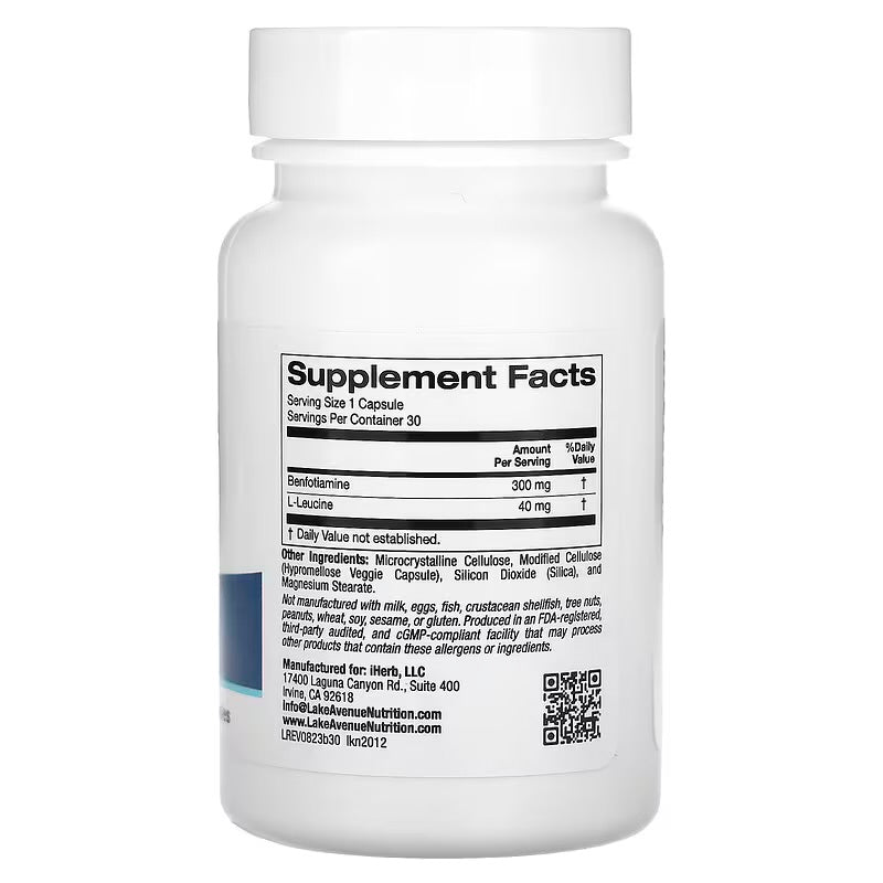 Lake Avenue Benfotiamine 300mg | Fat - Soluble Vitamin Thiamine | With L - Leucine 40mg | Supports Glucose Metabolism | 30 Veggie Capsules Exp 08/2025 - Ome's Beauty Mart