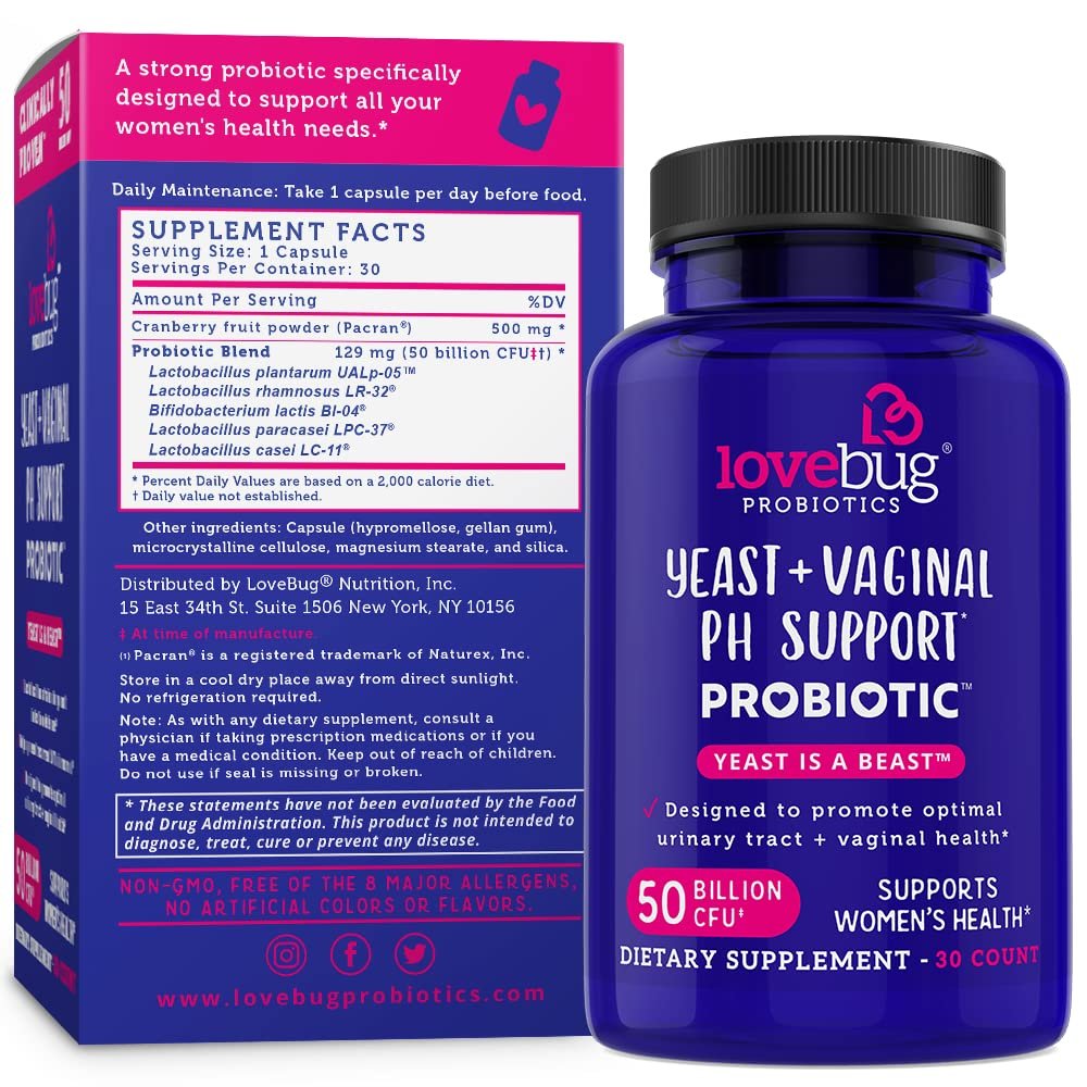 Lovebug Yeast + Vaginal pH Support | Promotes Optimal Urinary Tract and Vaginal Health | Multi Strain 50 Billion CFU | 30 Capsules Exp 01/2026 - Ome's Beauty Mart