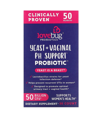 Lovebug Yeast + Vaginal pH Support | Promotes Optimal Urinary Tract and Vaginal Health | Multi Strain 50 Billion CFU | 30 Capsules Exp 01/2026 - Ome's Beauty Mart