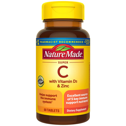 Nature Made Super C with Vitamin D3 and Zinc | Vitamins A (450mcg), C (900mg), D3 (1000iu) & E (15mg) | Immune Support | 60 Tablets Exp Oct 2025 - Ome's Beauty Mart