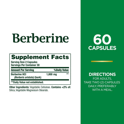 Nature's Bounty 1000mg Berberine | Support Heart and Cardiovascular Health | Help Maintain Healthy Cholesterol, Triglyceride & Blood Sugar Levels | 60 Capsules Exp 03/2026 - Ome's Beauty Mart