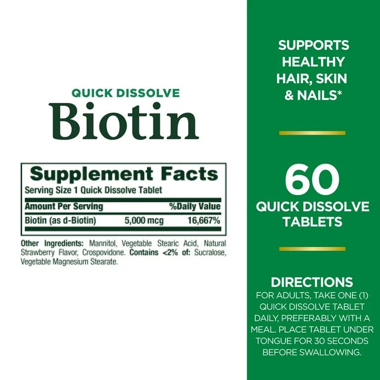 Nature's Bounty Biotin 5000 mcg Tablets for Hair, Skin & Nails Support, 60 Quick Dissolve Tablets Exp 05/2026 - Ome's Beauty Mart