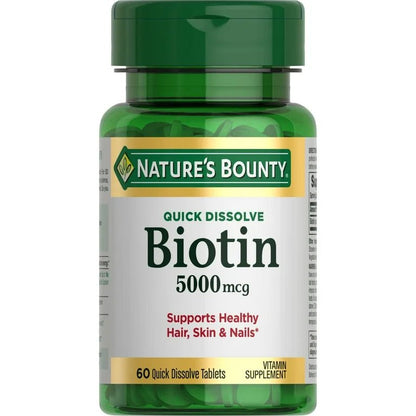 Nature's Bounty Biotin 5000 mcg Tablets for Hair, Skin & Nails Support, 60 Quick Dissolve Tablets Exp 05/2026 - Ome's Beauty Mart